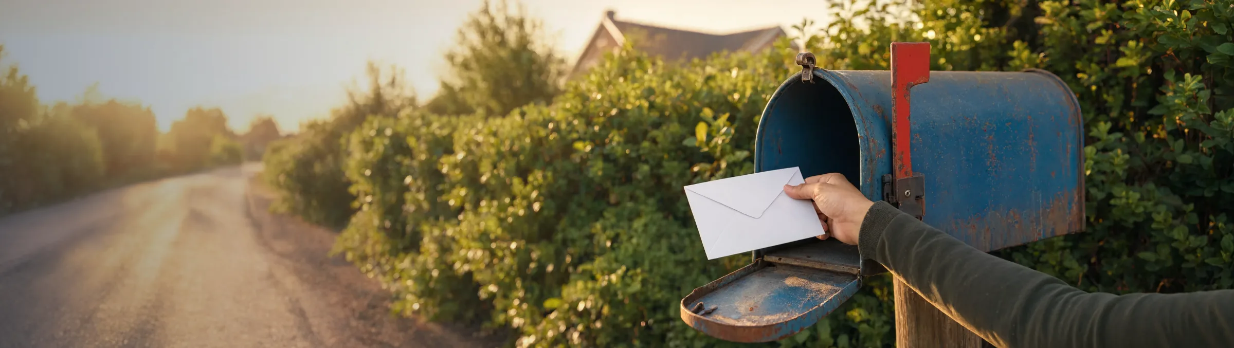 Banner Apply For Help A Hand Placing A White Envelope Into An Open Weathered Blue Mailbox With Its Red Flag Raised, Beside A Gravel Country Road At Sunrise