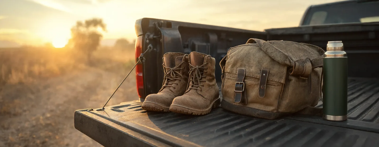 Worn Leather Work Boots, A Canvas Duffel Bag And A Green Thermos On The Open Tailgate Of A Pickup Truck At Sunset