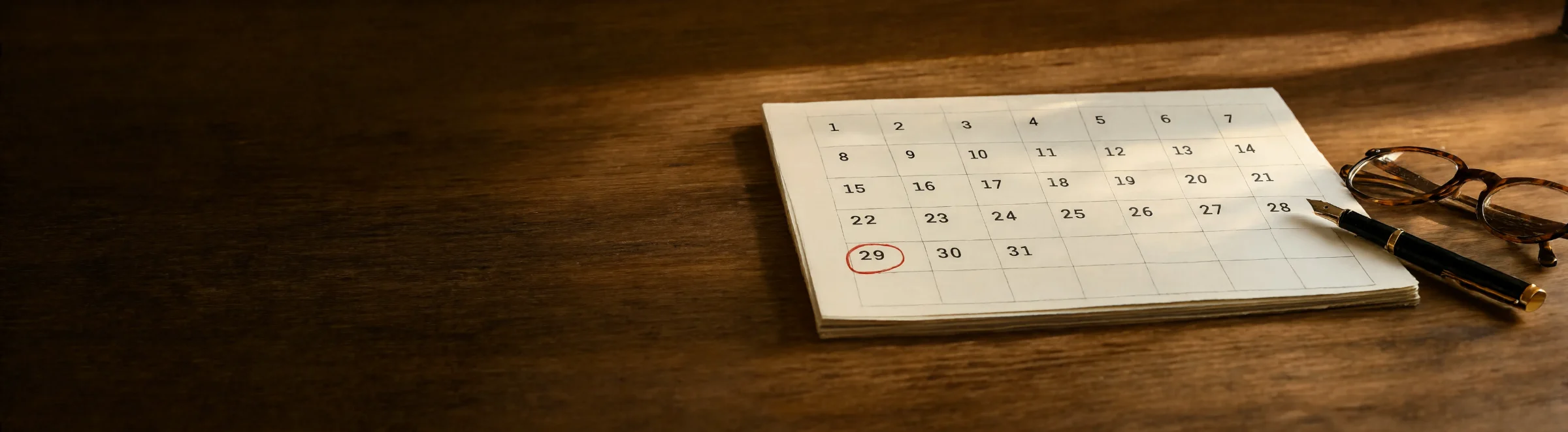 Banner Bunching Donations A Tear-Off Desk Calendar Pad On A Warm Oak Desk, The 29Th Circled In Red Ink, With A Fountain Pen And Reading Glasses Beside It