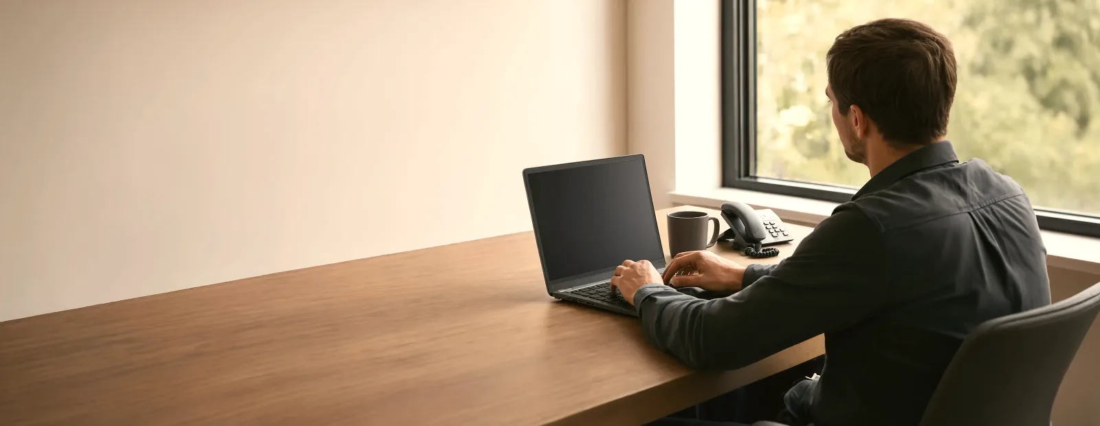 Banner Contact A Man Working At A Laptop On A Long Wooden Desk Beside A Window, With A Desk Phone And A Coffee Mug Next To Him