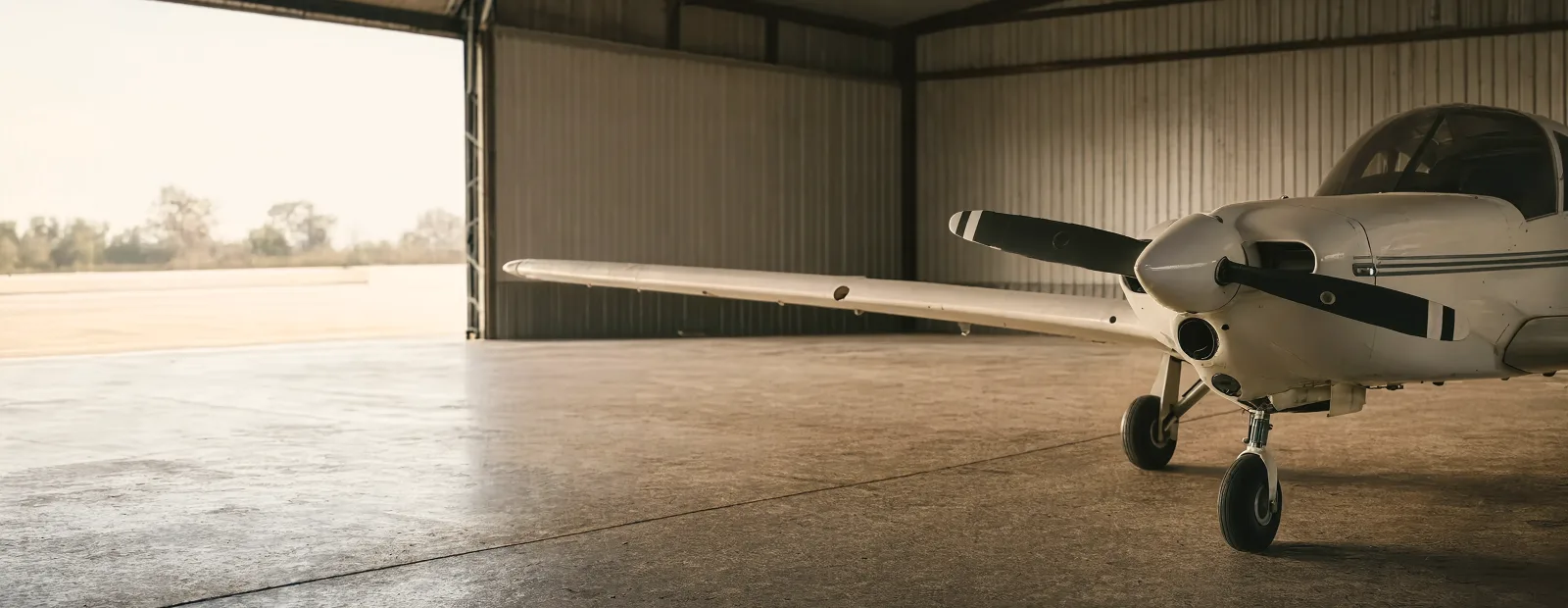 Banner Donate Aircraft A Single-Engine Airplane Parked Inside An Open Hangar In Morning Light