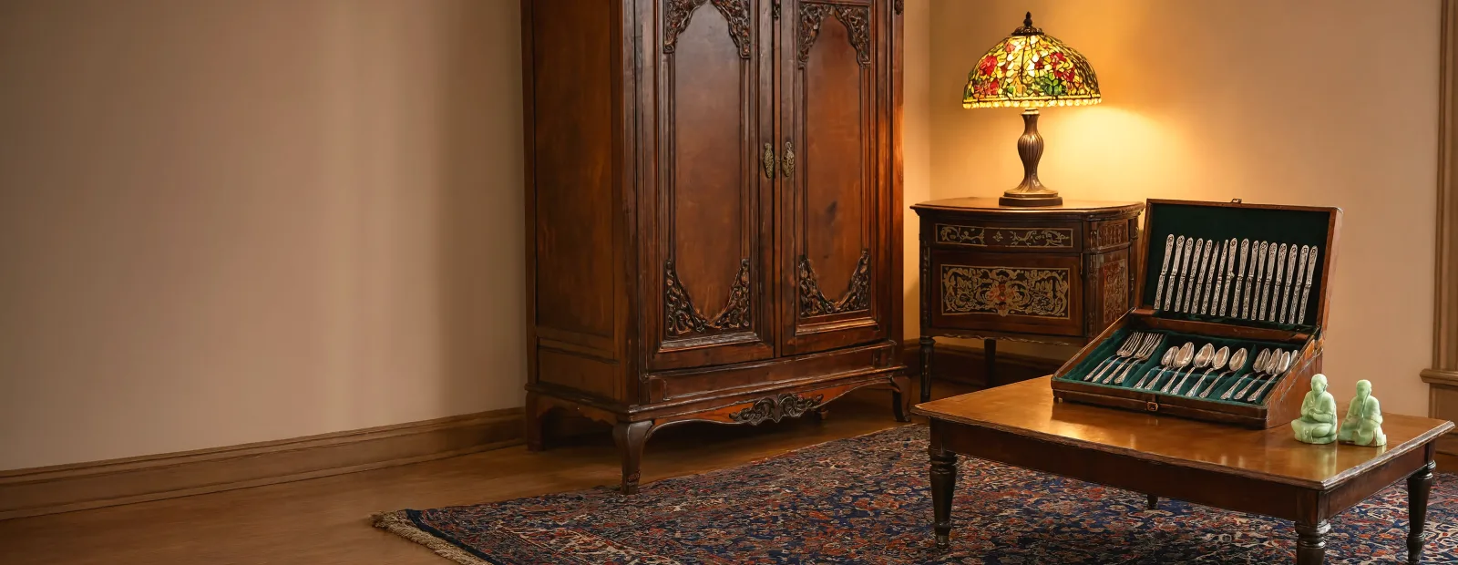 Banner Donate Antiques A Carved Armoire, Tiffany-Style Lamp, Canteen Of Silver Flatware And Jade Figures In A Room With A Persian Rug