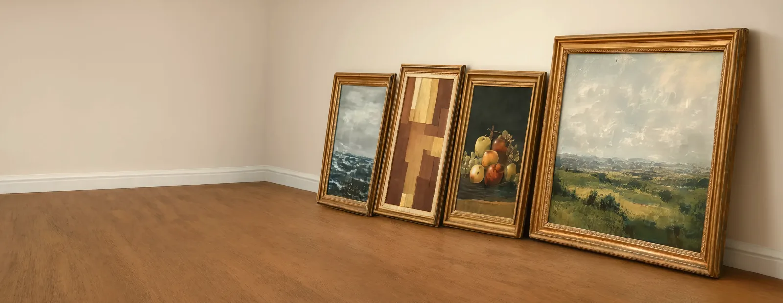 Banner Donate Art Four Framed Paintings Leaning Against The Wall Of An Empty Room With A Wooden Floor