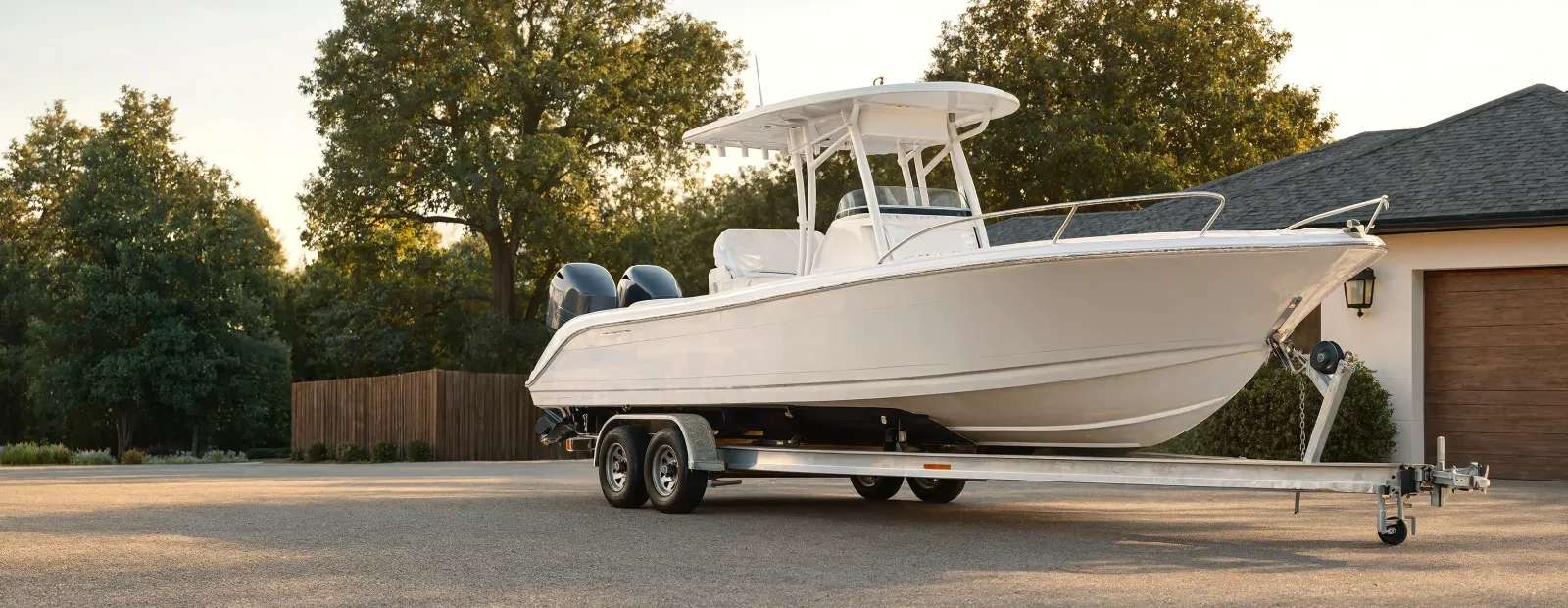 Banner Donate Boat A Center Console Fishing Boat On Its Trailer Beside A Fence In Evening Light