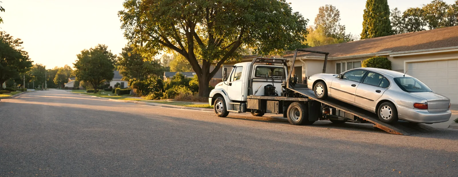 Banner Donate Car A Car Being Loaded Onto A Flatbed Truck In A Residential Driveway