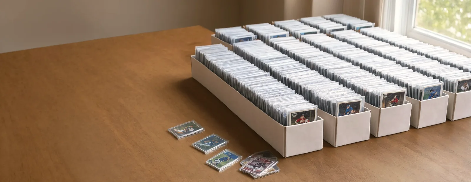 Raw Trading Cards In Penny Sleeves Packed Upright In White Storage Boxes On A Table Beside A Window
