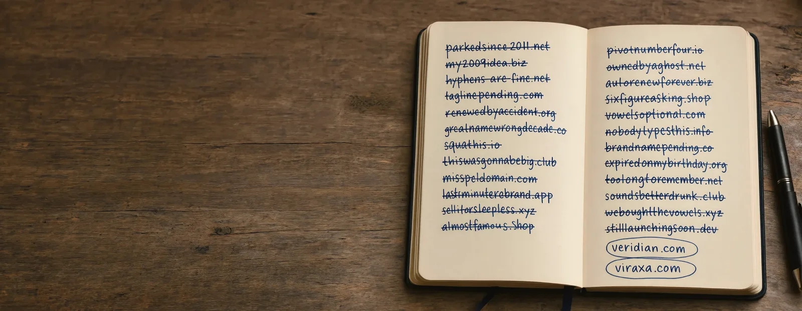 Banner Donate Domain Names An Open Notebook On A Wooden Desk Listing Handwritten Domain Names, Most Crossed Out And Two Circled