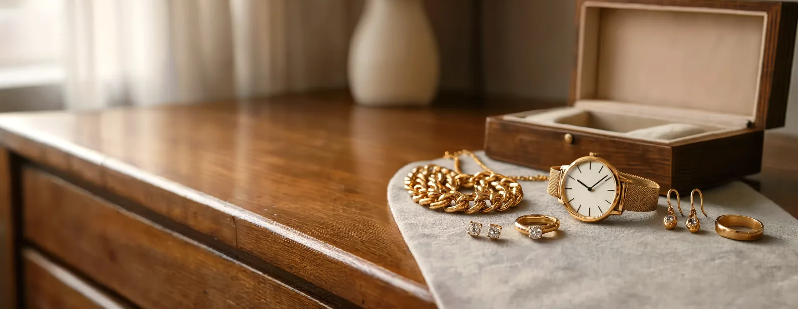 A Gold Watch, Chain Bracelet, Rings And Earrings Laid On A Cloth Beside An Open Wooden Box On A Dresser