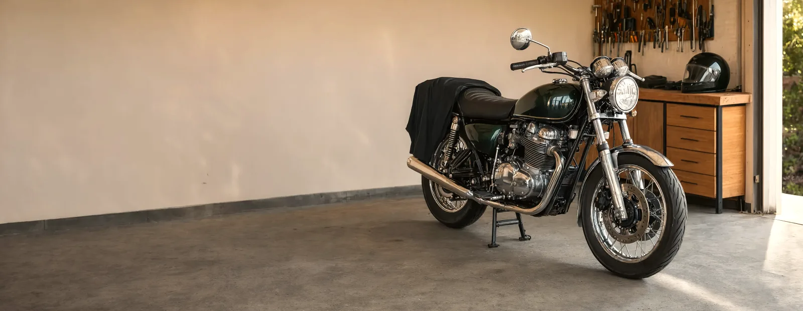 Banner Donate Motorcycle A Motorcycle Standing In A Garage In Warm Afternoon Light