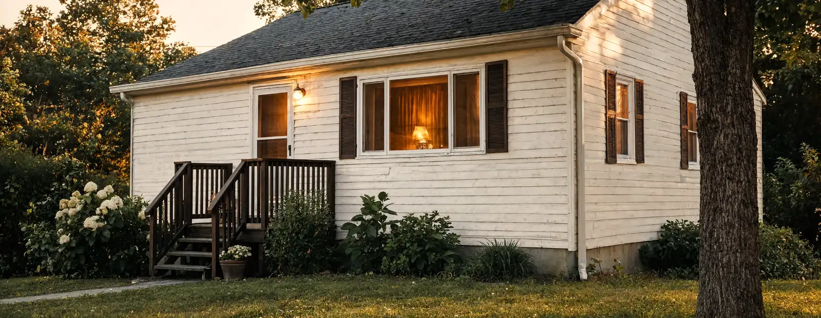 Banner Donate Real Estate A Modest House At Dusk With The Porch Light On