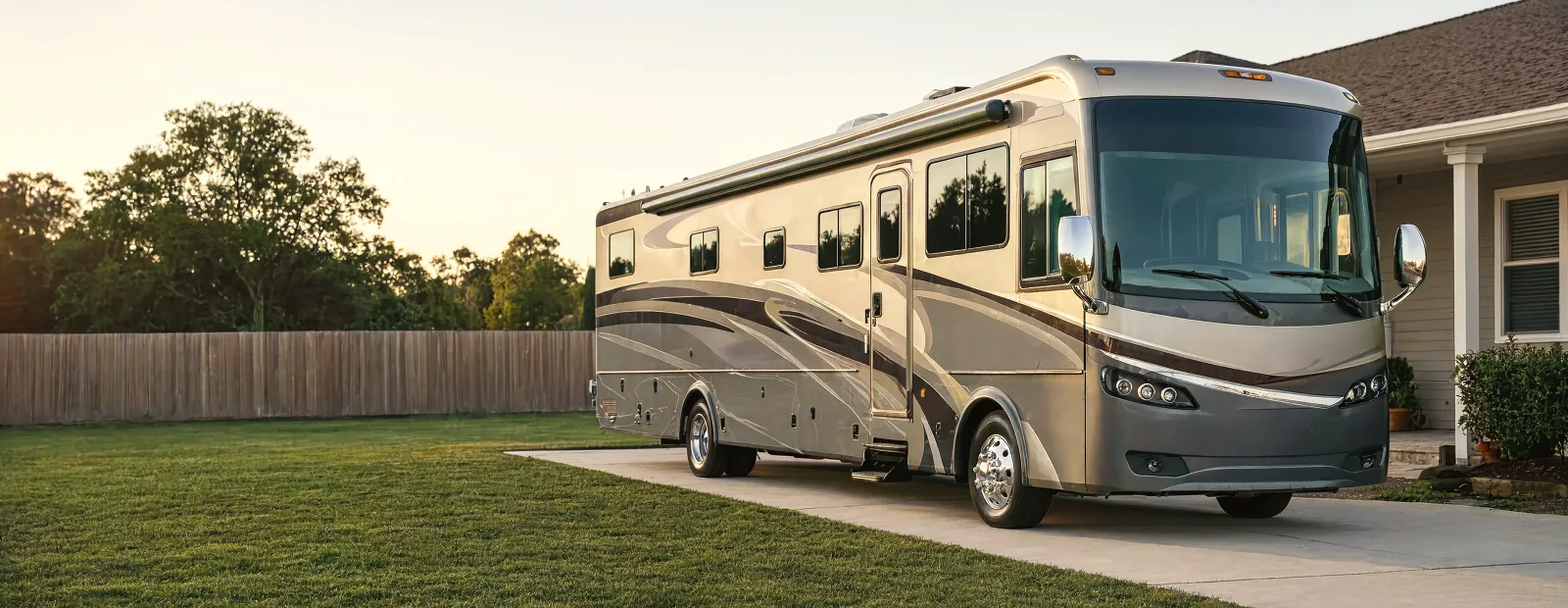 Banner Donate Rv A Class A Motorhome Parked On A Driveway Beside A House At Golden Hour