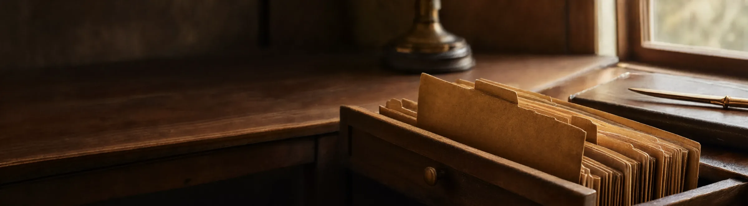 Banner Donor Advised Funds An Open Wooden Card Index Drawer On A Walnut Desk, Holding A Row Of Kraft Folders With One Lifted Forward Out Of The Row, Warm Window Light From The Right