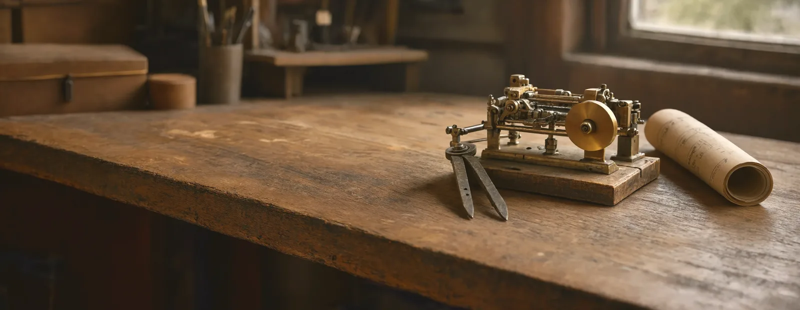 Banner Intellectual Property A Brass Model Mechanism, Dividers And A Rolled Technical Drawing On A Worn Workbench