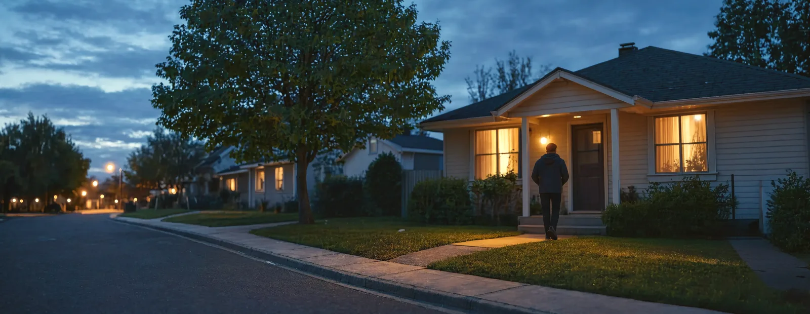 Banner Mission A Person In A Dark Jacket Walking Up The Front Path Of A Small House At Dusk, Its Porch Light And Windows Lit Warm Against A Blue Evening Sky