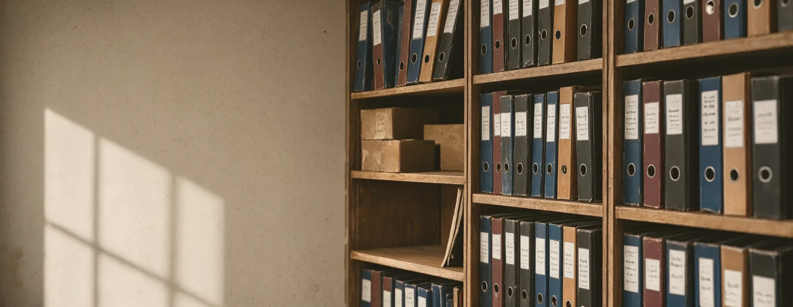 Banner Transparency Wooden Shelving Filled With Rows Of Hand-Labeled Archive Binders, With Afternoon Light Falling Across The Empty Plaster Wall Beside Them
