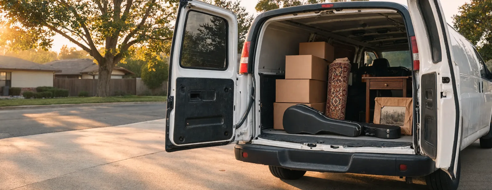Banner Ways To Donate A Cargo Van With Its Rear Doors Open On A Residential Driveway, Half Loaded With Cardboard Boxes, A Rolled Rug, A Guitar Case, A Wrapped Picture And A Wooden Side Table