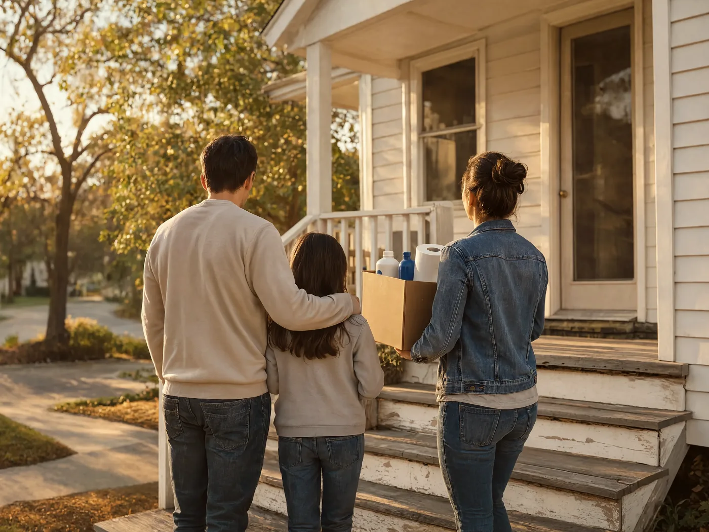A Family Of Three Seen From Behind On The Front Steps Of A Modest House In Late Afternoon Light, One Adult Carrying A Box Of Household Supplies