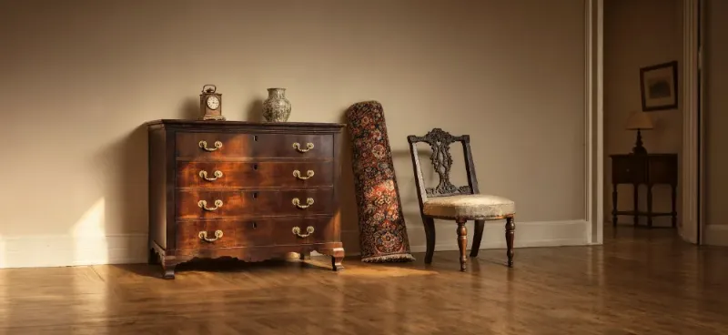 An Antique Mahogany Chest Of Drawers With A Carriage Clock And Vase On Top, A Rolled Persian Rug And A Carved Victorian Chair In A Sunlit Room