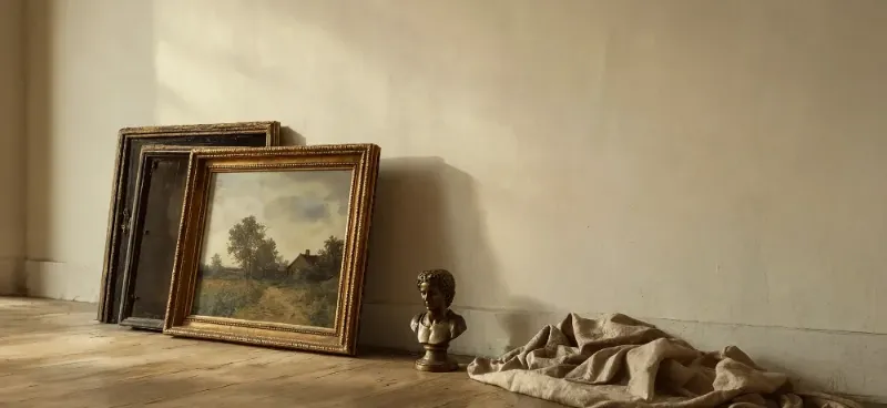 A Gilt-Framed Landscape Painting And Two Darker Frames Leaning Against A Plaster Wall Beside A Bronze Bust And A Folded Dust Sheet