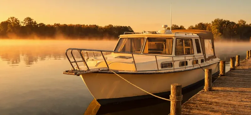 A White Cabin Cruiser Tied To A Wooden Dock On A Misty Lake At Sunrise