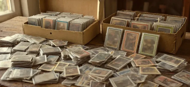 Trading Cards In Protective Sleeves Spilling Out Of Two Worn Cardboard Boxes Across A Wooden Table