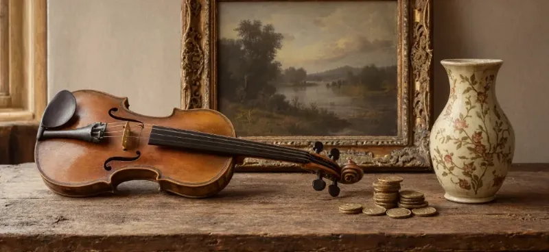 An Old Violin, A Framed Landscape Painting, A Floral Vase And A Small Stack Of Coins On A Weathered Wooden Table
