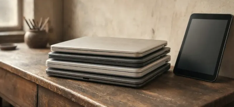 A Stack Of Donated Laptops And A Tablet On A Wooden Desk In Warm Window Light