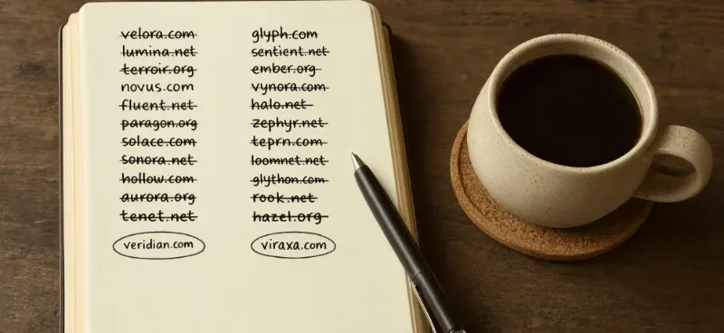A Handwritten List Of Candidate Website Names In A Notebook, Most Crossed Out And Two Circled, Beside A Cup Of Coffee