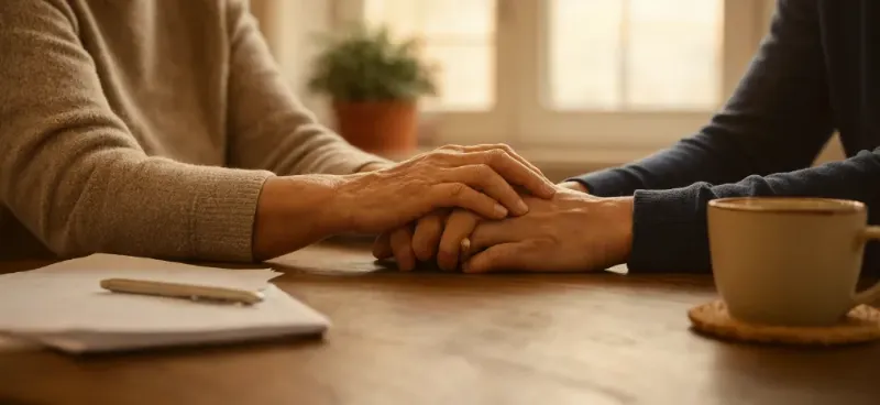 An Older Hand Resting Over A Younger Hand Across A Kitchen Table Beside Papers, A Pen And A Cup Of Tea