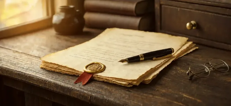 An Aged Document With A Gold Wax Seal And Red Ribbon, A Fountain Pen And Reading Glasses On A Dark Wooden Desk