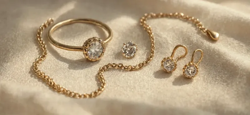 A Gold Ring, A Fine Gold Chain, Gold Earrings And A Loose Gemstone Resting On Crumpled Cream Linen