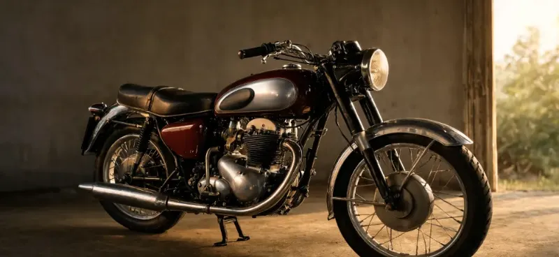 A Classic Maroon And Silver Motorcycle On Its Stand In A Garage Doorway