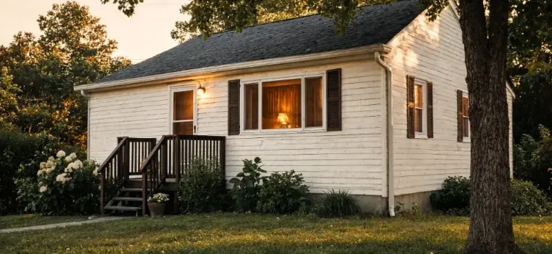 A Modest White Clapboard House At Golden Hour With A Lamp Lit In The Window